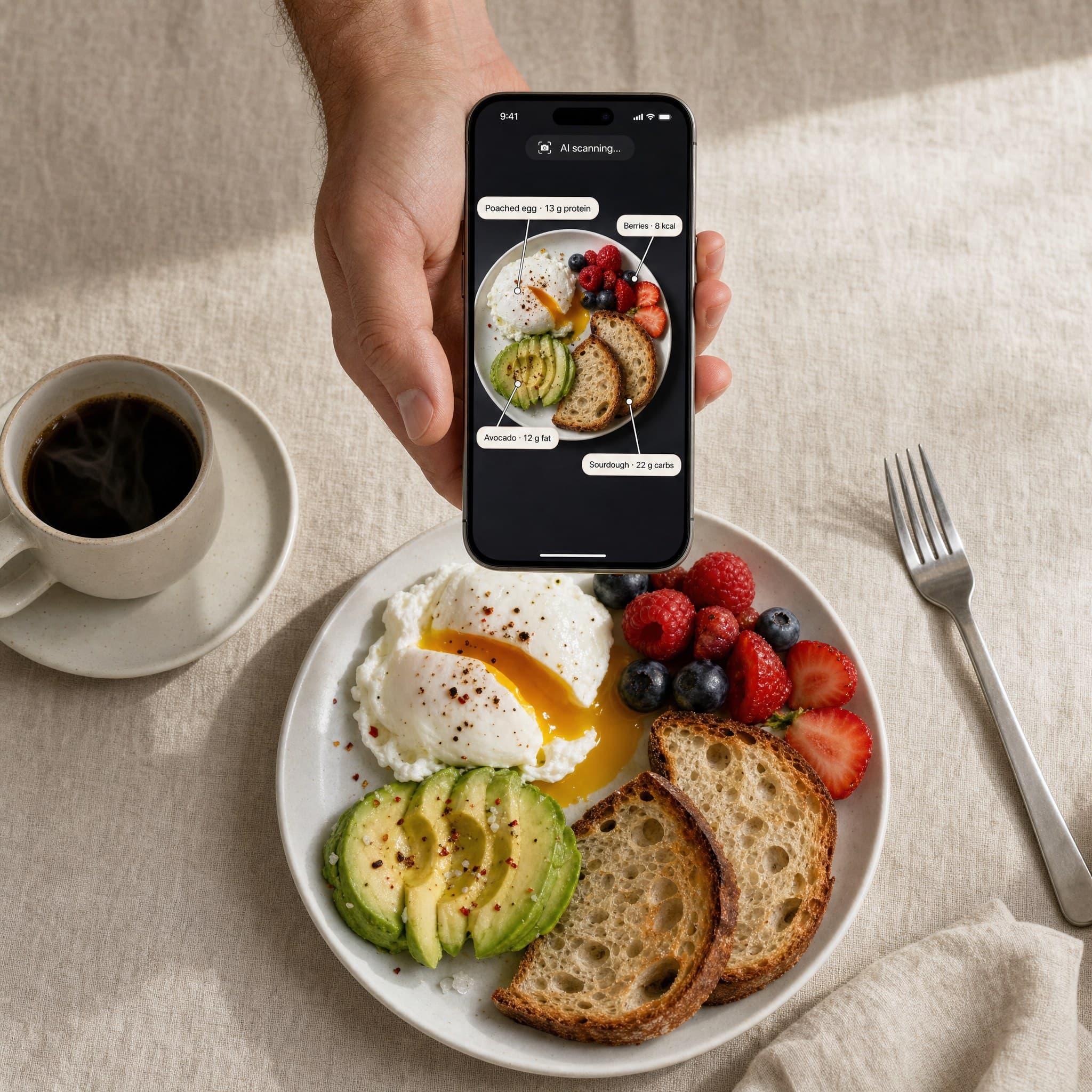 iPhone showing the Titrate food-scan feature with USDA-verified macros