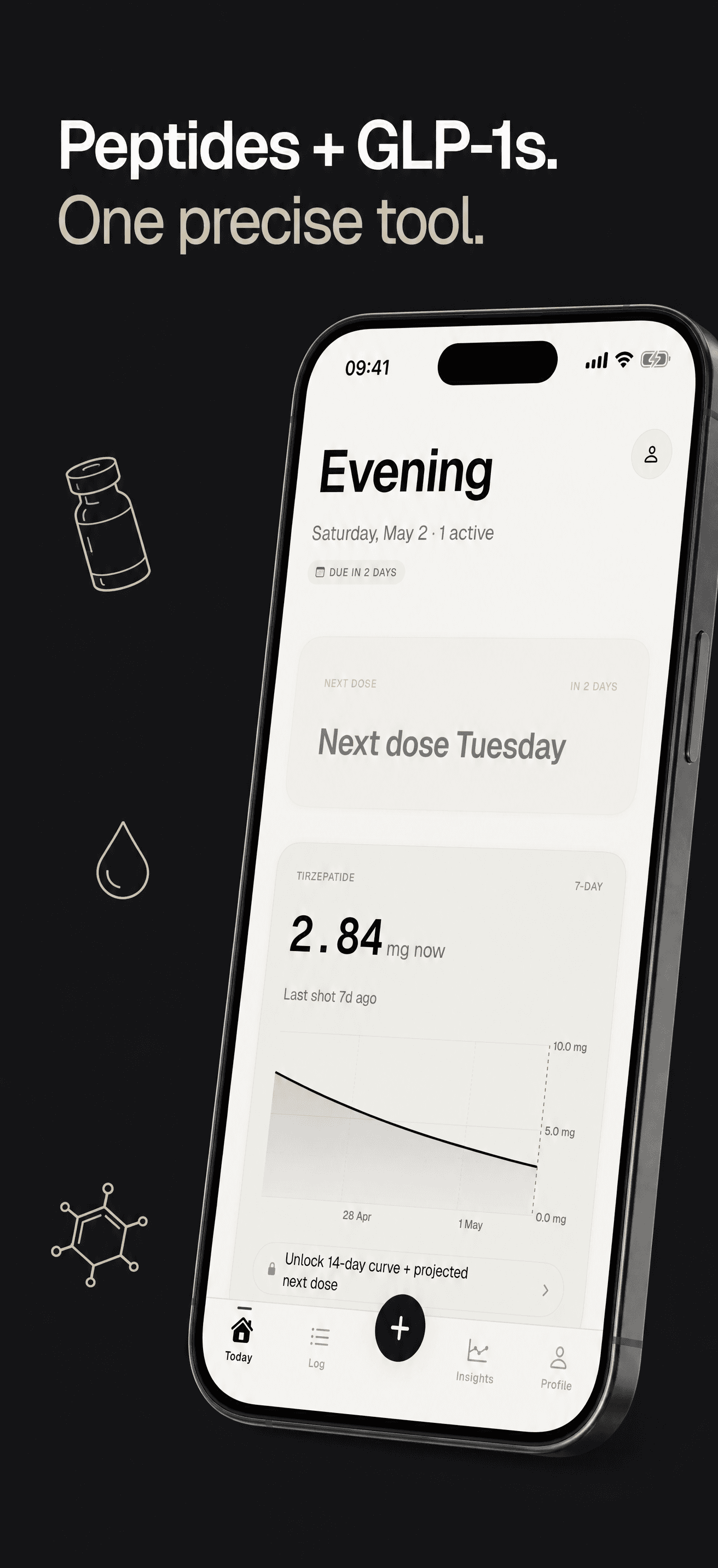 Titrate's Today screen showing the medication-level chart and active protocol